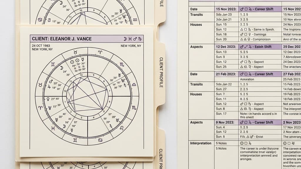 A stack of neat, identical client files and astrological charts beside an analytical spreadsheet