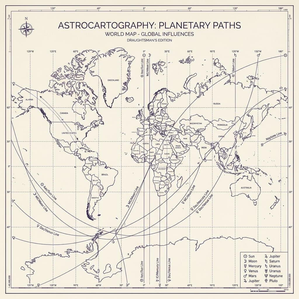 An editorial illustration of a world map with planetary lines drawn across continents
