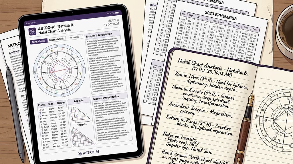 An editorial flat lay illustration of an astrologer's desk with ephemeris tables and handwritten notes