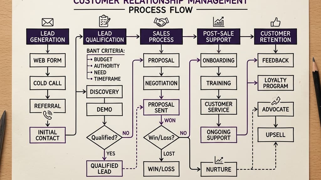 A neat timeline or CRM flowchart sketched out in dark ink