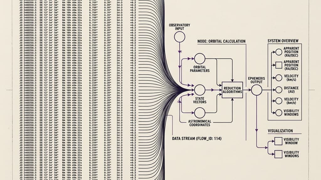 Dense columns of numerical ephemeris data flowing into a digital node diagram