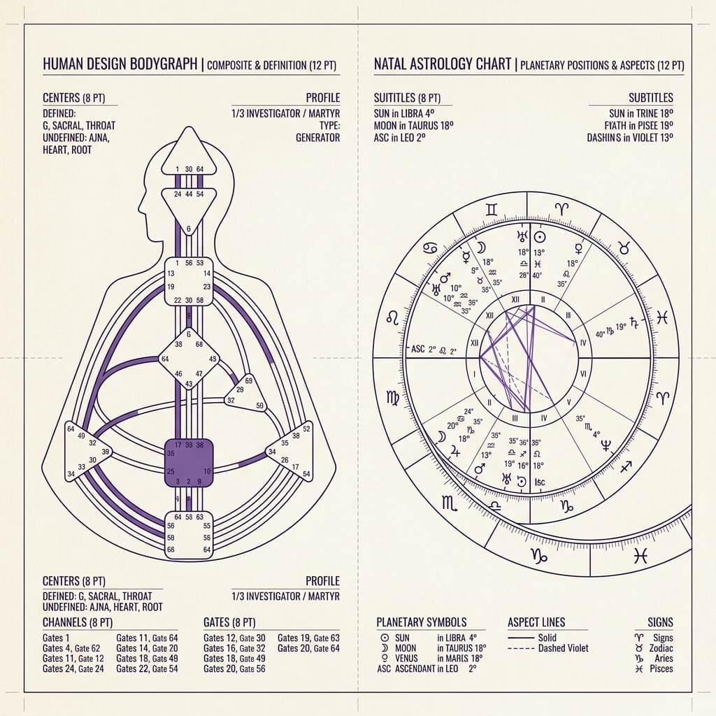 An editorial flat lay of a Human Design bodygraph beside a natal chart, with annotated overlays