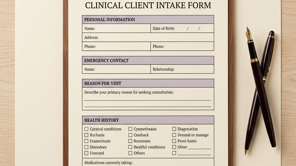 A structured clinical client intake form on a clipboard next to an elegant fountain pen