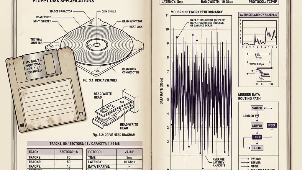 An old floppy disk or technical manual next to a modern data transfer graph
