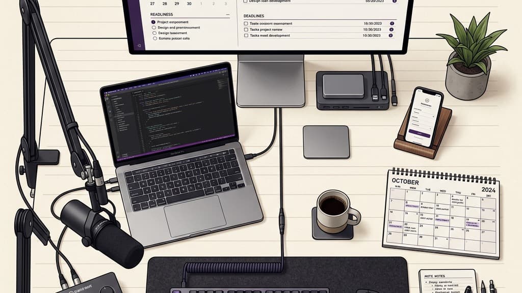 A sleek digital workspace setup with an external microphone and calendar