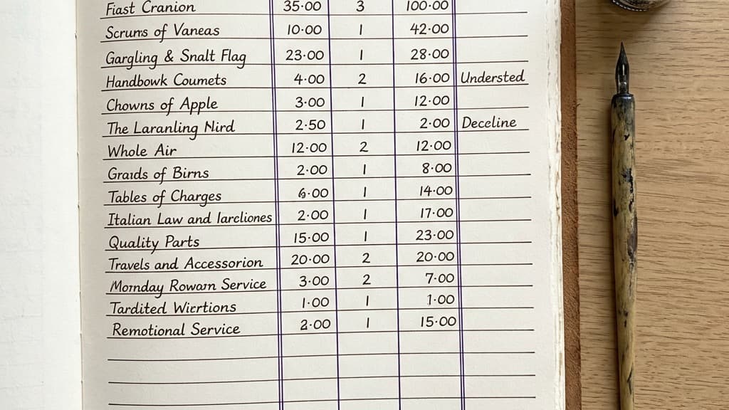 A ledger or pricing breakdown table written elegantly in ink