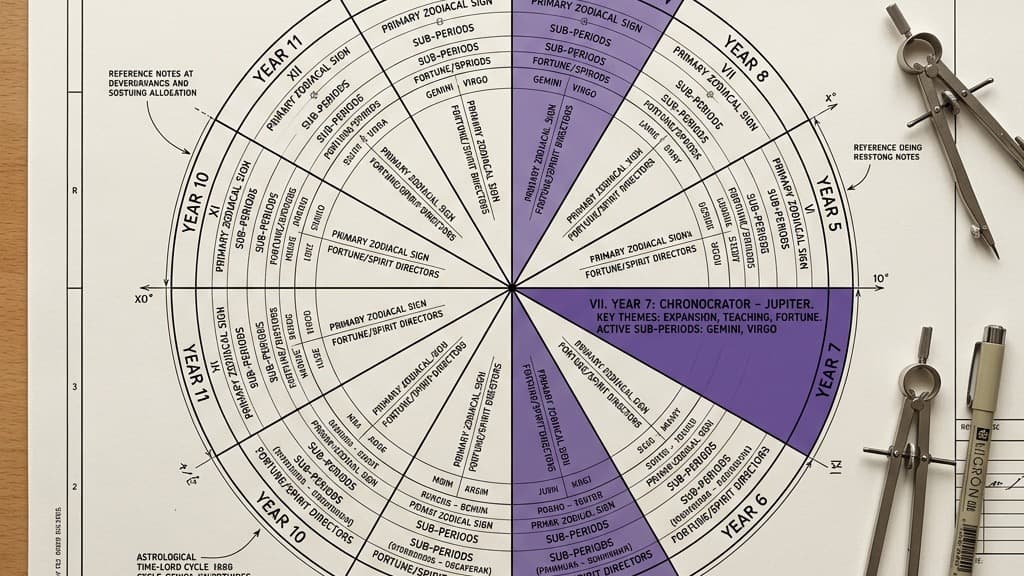 A technical dial highlighting a specific year-lord slice in a 12-part wheel