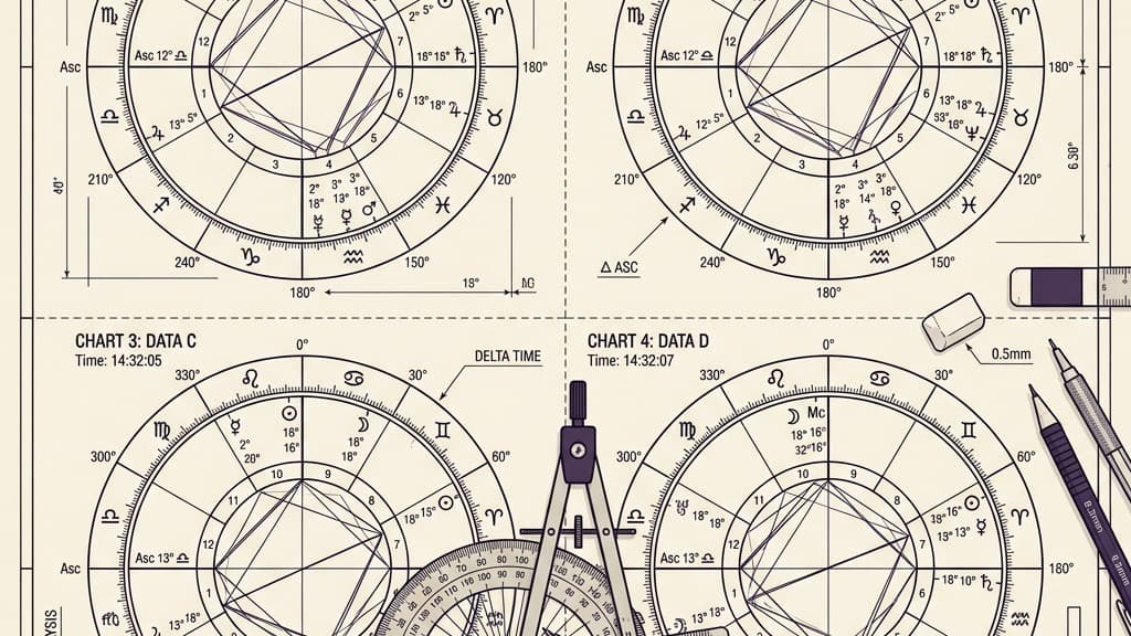 A technical drafting board aesthetic showing four astrological dials being compared side-by-side with rulers and compasses