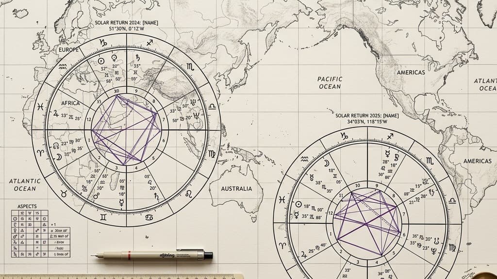 Two architectural solar return charts overlapping a minimalist world map blueprint