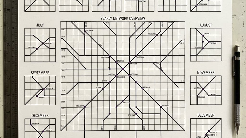 An organized grid of transit intersection points mapped out over a calendar year