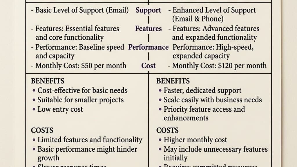 A minimalist cost-benefit analytical chart comparing four tiers of service
