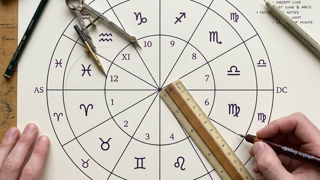 A perfectly symmetrical 12-slice geometric astrological wheel being drafted with a compass and ruler