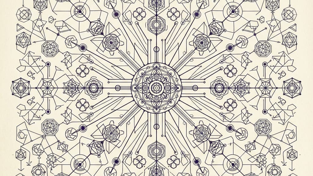 A purely visual diagram showing a central node expanding outward into a network of structured, perfectly drafted geometric connections