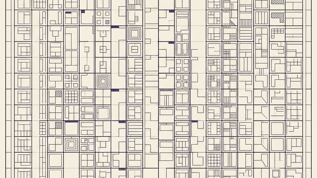 A purely visual diagram showing a highly organized filing system of interlocking geometric data cards, perfectly aligned and sorted along drafting lines