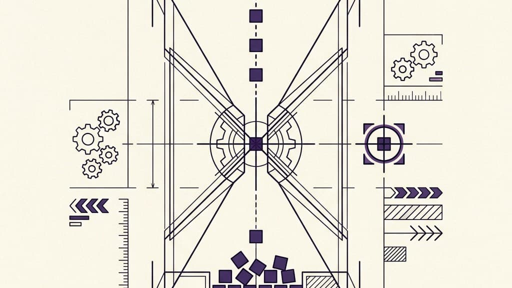A purely visual diagram showing an hourglass mechanism precisely capturing a single falling element at an exact intersection point