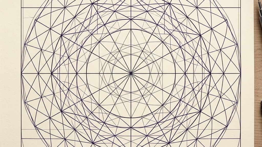 A purely visual diagram showing multiple overlapping grid structures dissecting a central circle in different proportional divisions