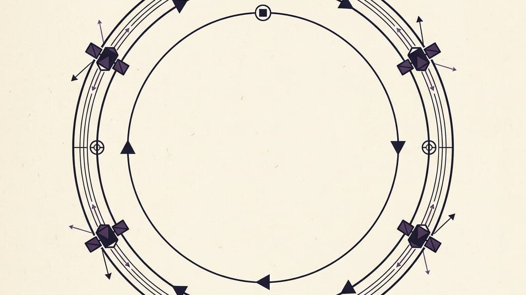 A purely visual diagram showing a small satellite orbit returning perfectly to its precise origin point on a cyclical track