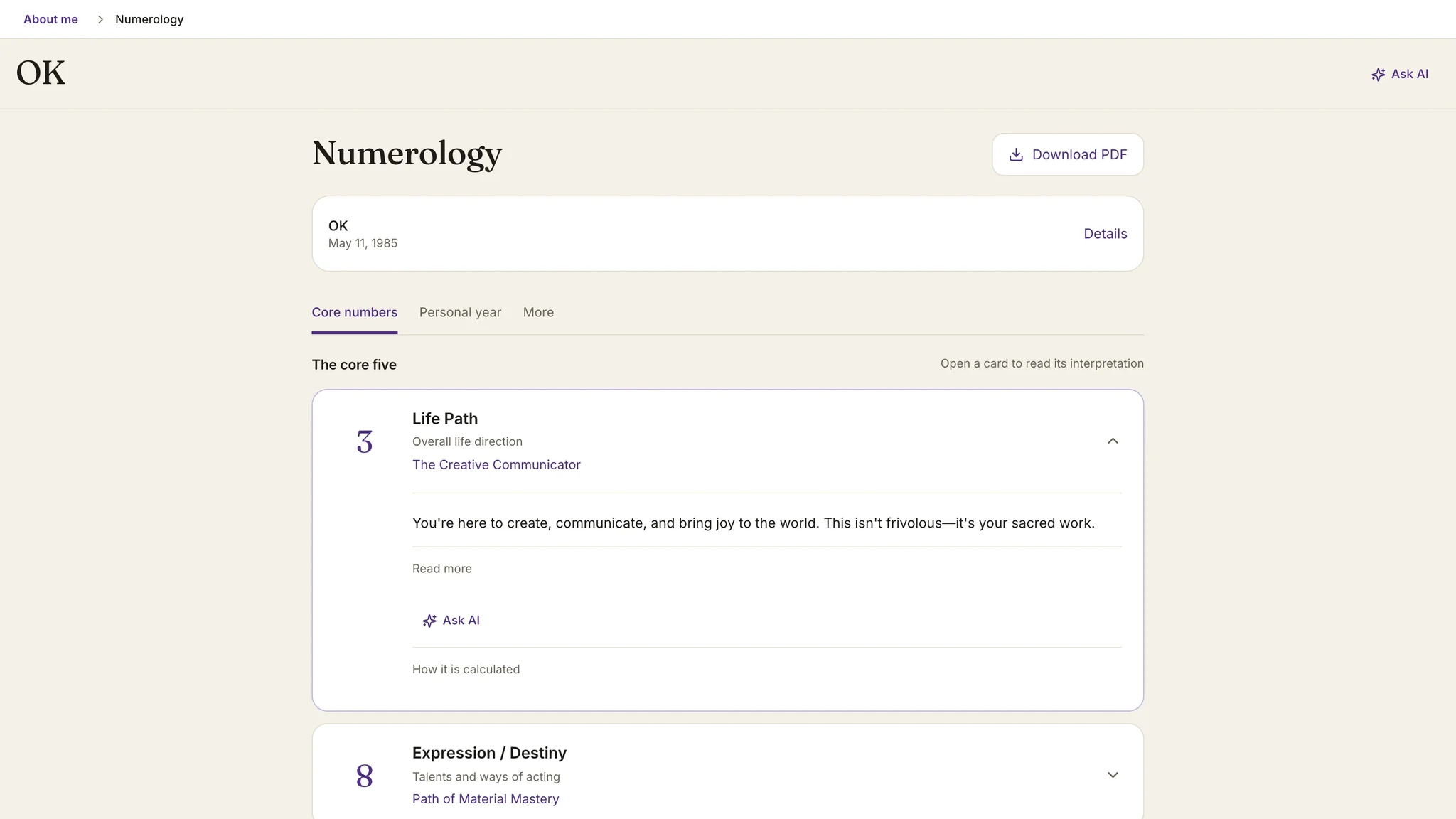Numerology in Astrolium: the core five numbers from birth date and name, each with its reading