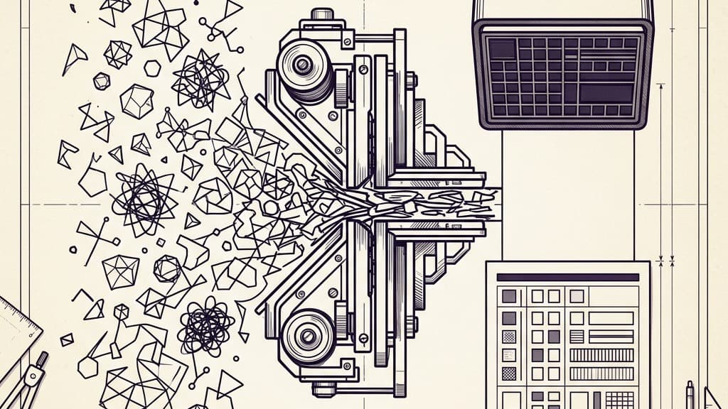 A purely visual diagram showing scattered, complex data elements being mechanically compressed and stamped into a single, perfectly structured flat document