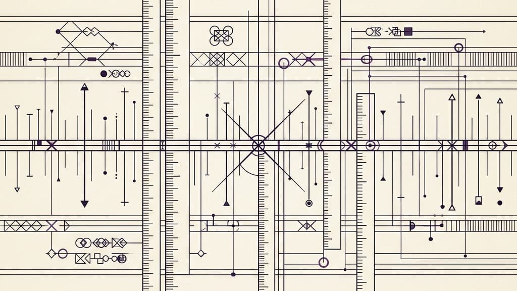 A purely visual diagram showing a long, continuous timeline ribbon intersecting with multiple calibrated measuring scales and perpendicular markers