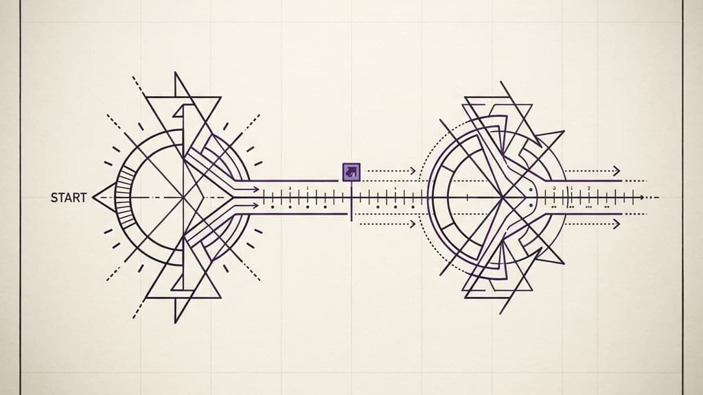 A purely visual diagram showing a central static form with an identical secondary form very slowly separating and advancing from it along a measured track