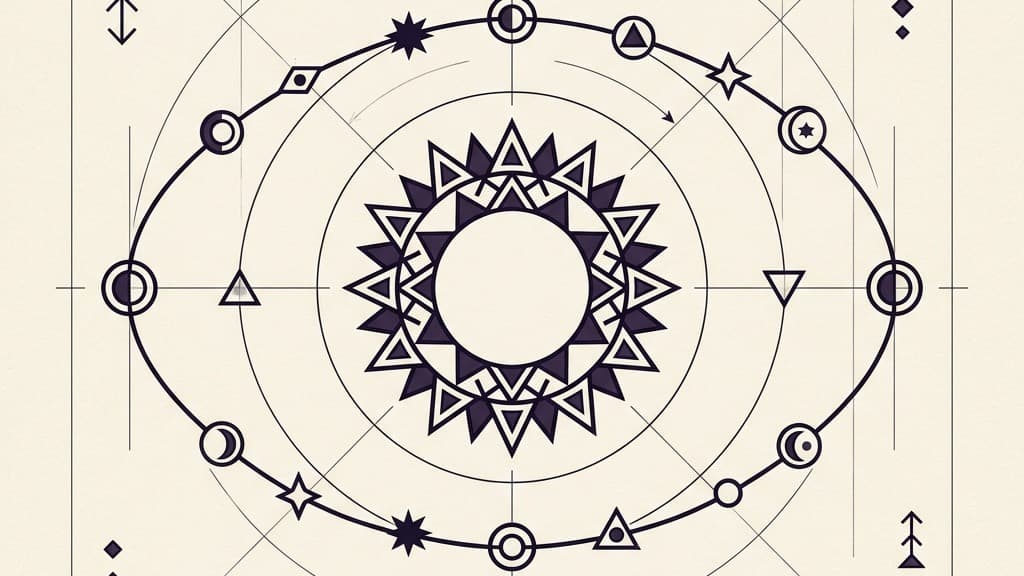 A purely visual diagram showing a large central sun symbol with an orbital path locking exactly into its original starting orientation