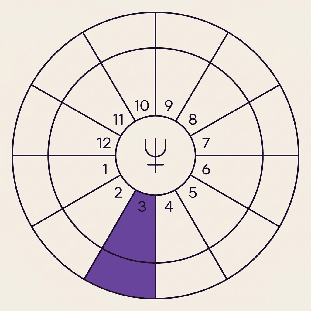 A circular 12-house chart wheel on warm ivory paper, with one segment (the 4th house) highlighted with a subtle violet pencil overlay to show the active time-lord year.