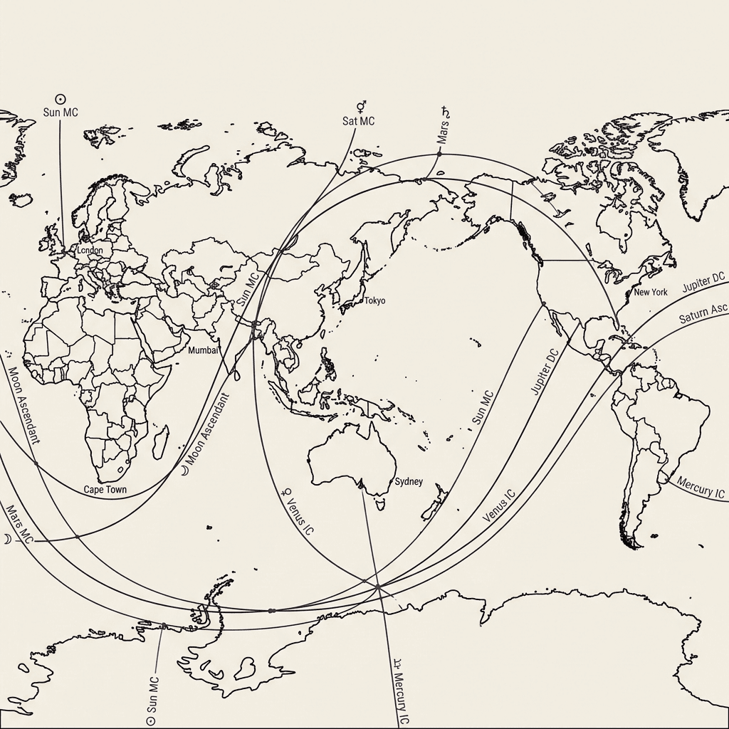 A drafted world map on warm ivory paper crossed by precise black and violet ink lines representing planetary positions, with a brass divider tool lying on it.