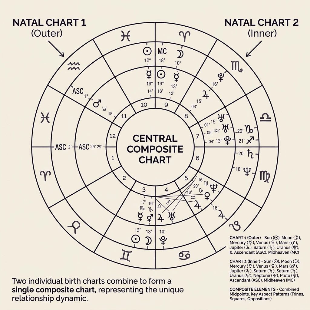 Two semi-transparent circular natal charts overlapping to form a single central composite chart wheel on a draftsman's board, with a metal ruler and technical pen nearby.