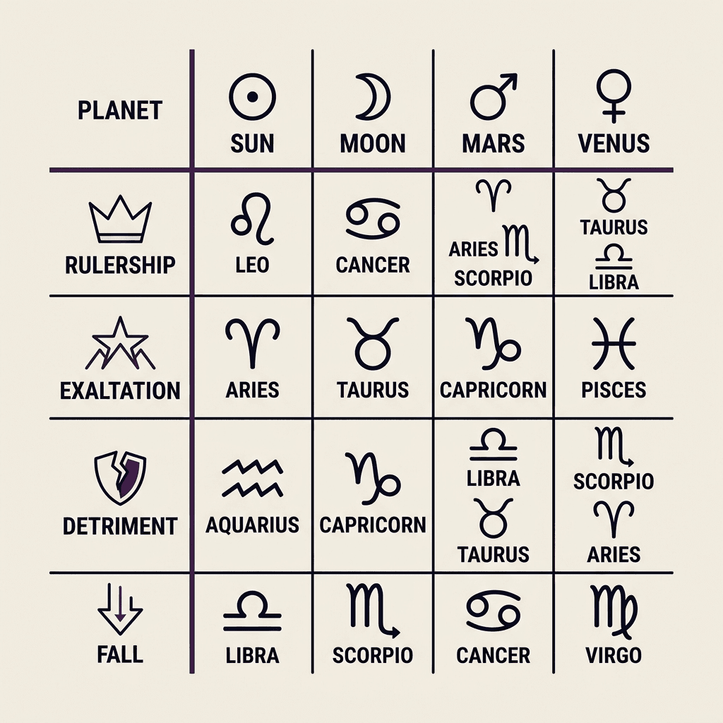 A drafted grid table on warm ivory paper classifying astrological planetary symbols into columns of rulership, exaltation, detriment, and fall, with technical annotations.