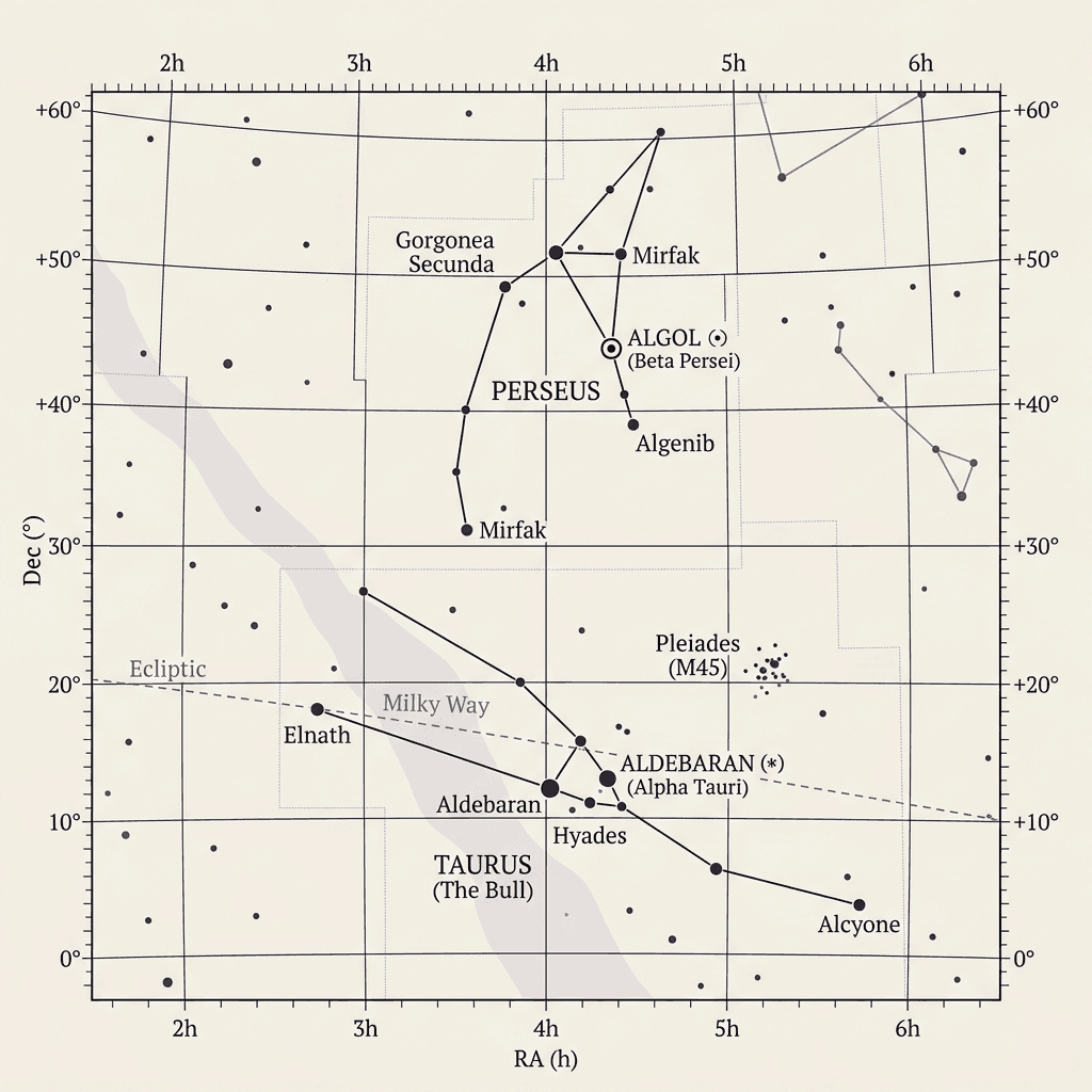 A draftsman astronomical night sky constellation map on warm ivory paper, showing coordinate lines and elegant violet annotations of star configurations.