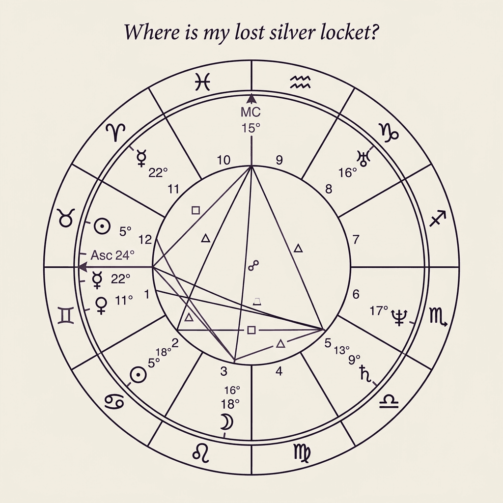 A precise circular horary chart wheel on warm ivory paper with a cursive question written at the top and an elegant brass pocket-watch sitting nearby.