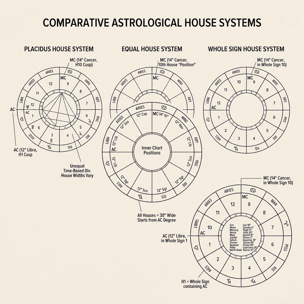 A comparative technical diagram on warm ivory paper illustrating three concentric chart wheels for Placidus, Equal House, and Whole Sign systems.