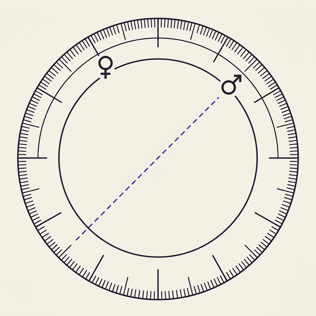 A detailed technical close-up of a circular astrological chart scale on warm ivory paper, showing a dashed violet line bisecting two planetary glyphs.