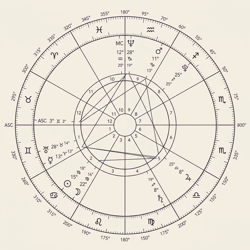 A drafted circular natal chart wheel on warm ivory paper with precise geometric ink lines connecting planets and degree markings.