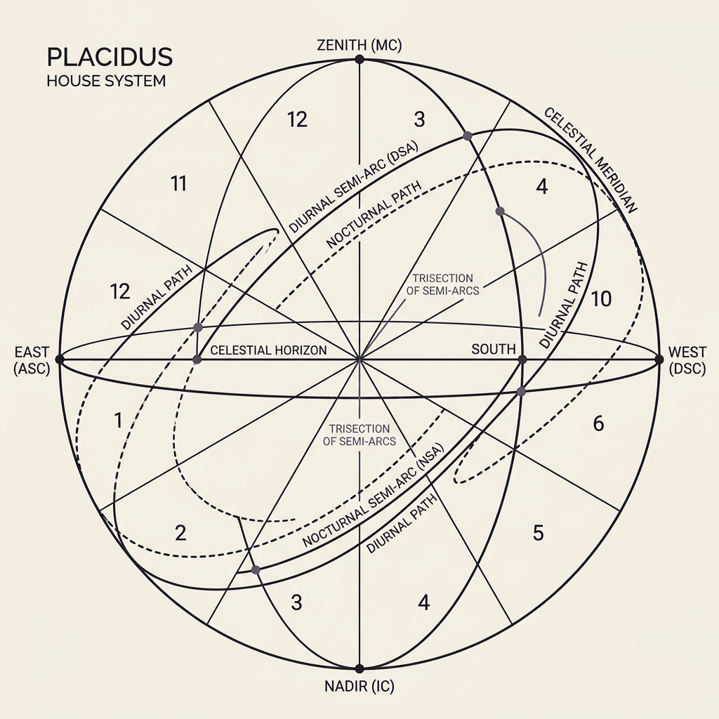 A highly detailed mathematical drafting-board chart illustrating the Placidus house system calculations with horizon and meridian paths.
