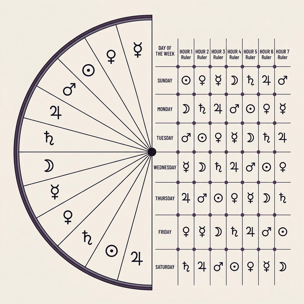 An elegant circular planetary hours wheel on warm ivory paper with a structured 7-day planetary ruler grid beside it.