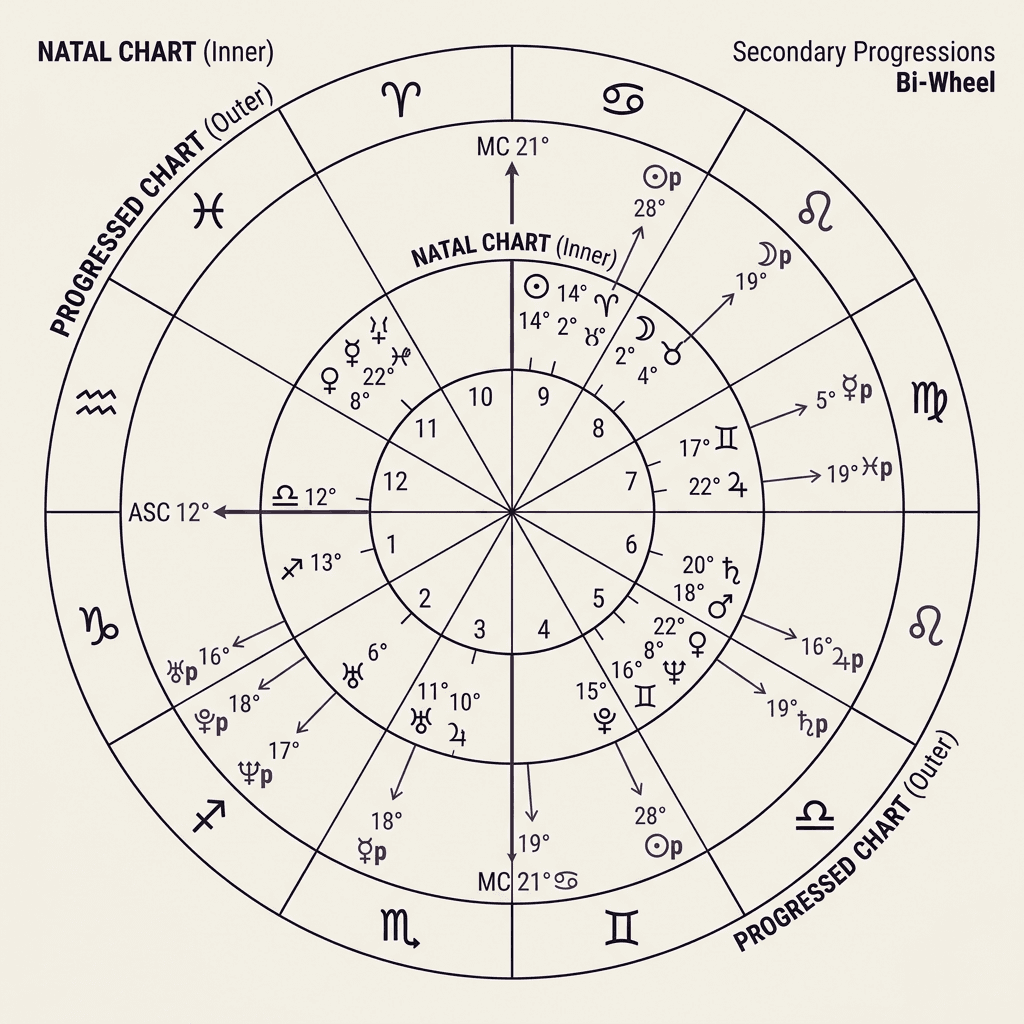 A secondary progression bi-wheel chart on warm ivory paper with a clean outer layer of advanced progressed planet coordinates connected by violet arrows.