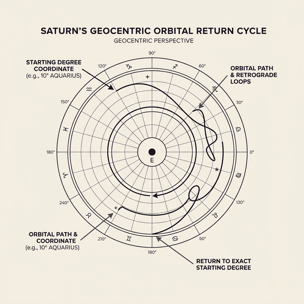 A geocentric Saturn orbital trajectory diagram on warm ivory graph paper, featuring its exact starting degree return and a physical hourglass nearby.
