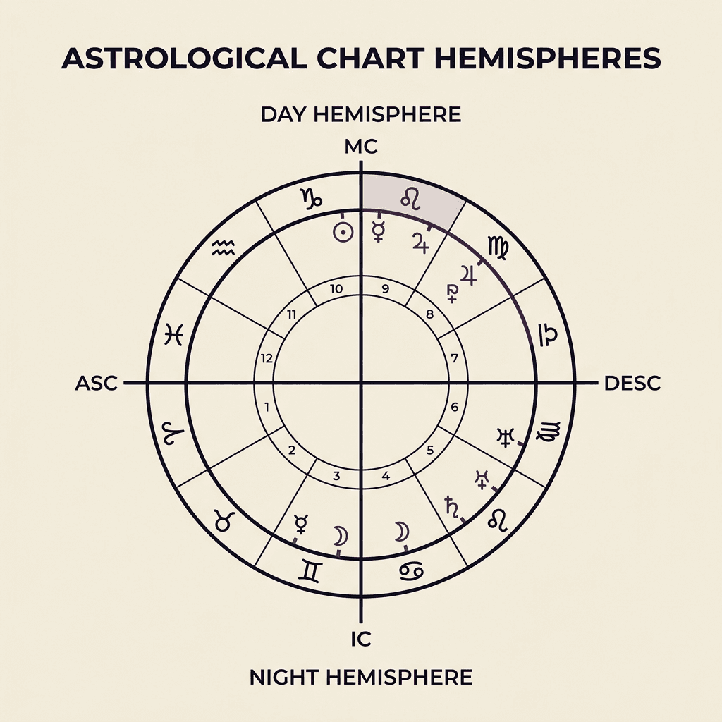 A horizontal horizon line dividing a chart wheel on warm ivory paper into a Day Hemisphere (ruled by the Sun) and a Night Hemisphere (ruled by the Moon) with flat washes.