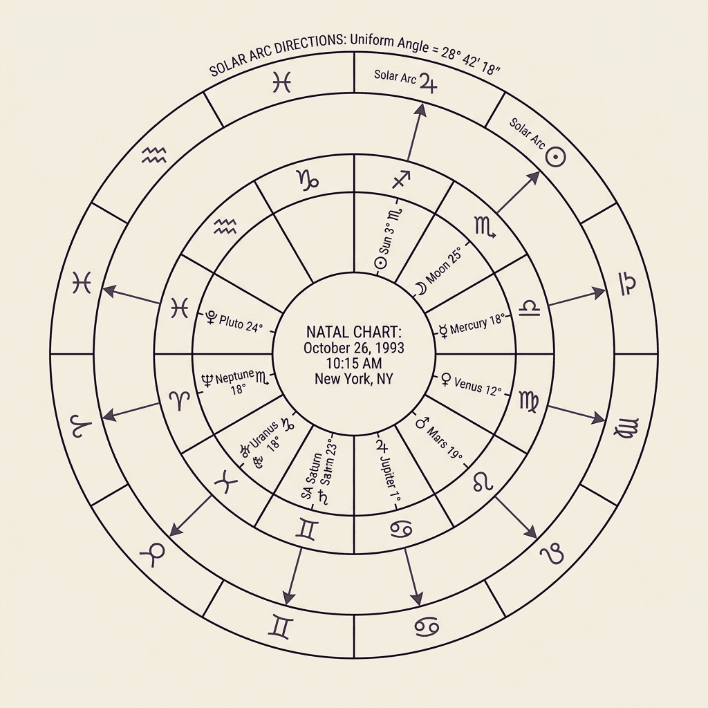 A solar arc directions bi-wheel chart on warm ivory paper, showing natal planet coordinates advanced by a uniform solar arc angle with arrows.