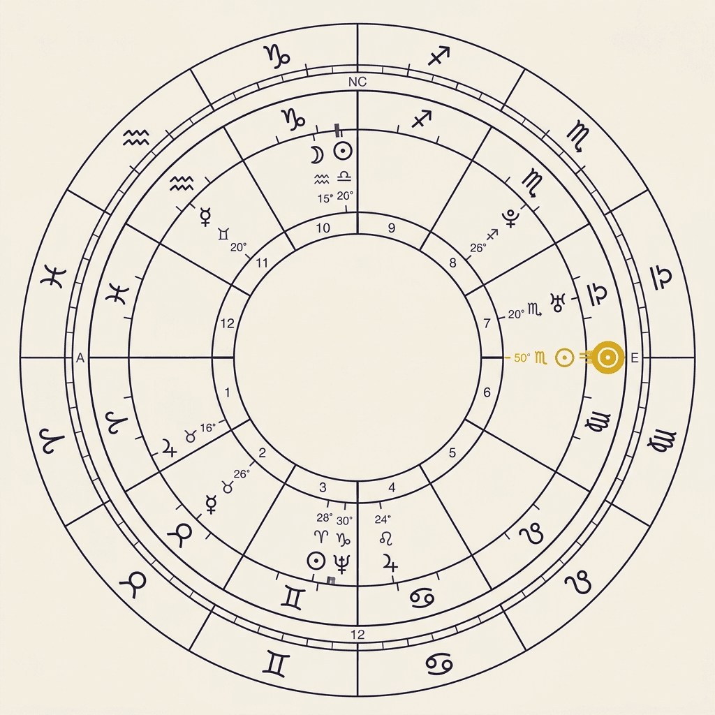 A solar return chart wheel overlaying a natal chart wheel on warm ivory paper, with both Sun glyphs perfectly aligned in the same degree.