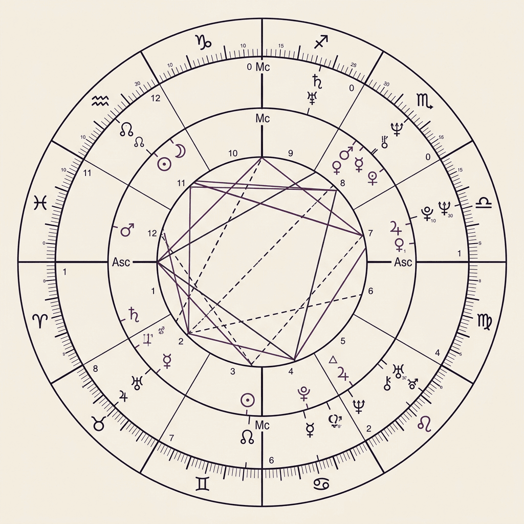 A synastry bi-wheel chart on warm ivory paper illustrating two concentric circular chart wheels superimposed with aspect connection lines between partners' planets.