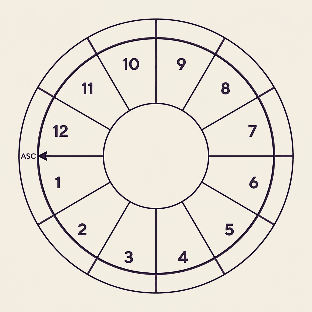 A whole sign house division chart wheel on warm ivory paper, showing a perfectly regular 12-segment wheel where the Ascendant degree sits inside the 1st house segment.