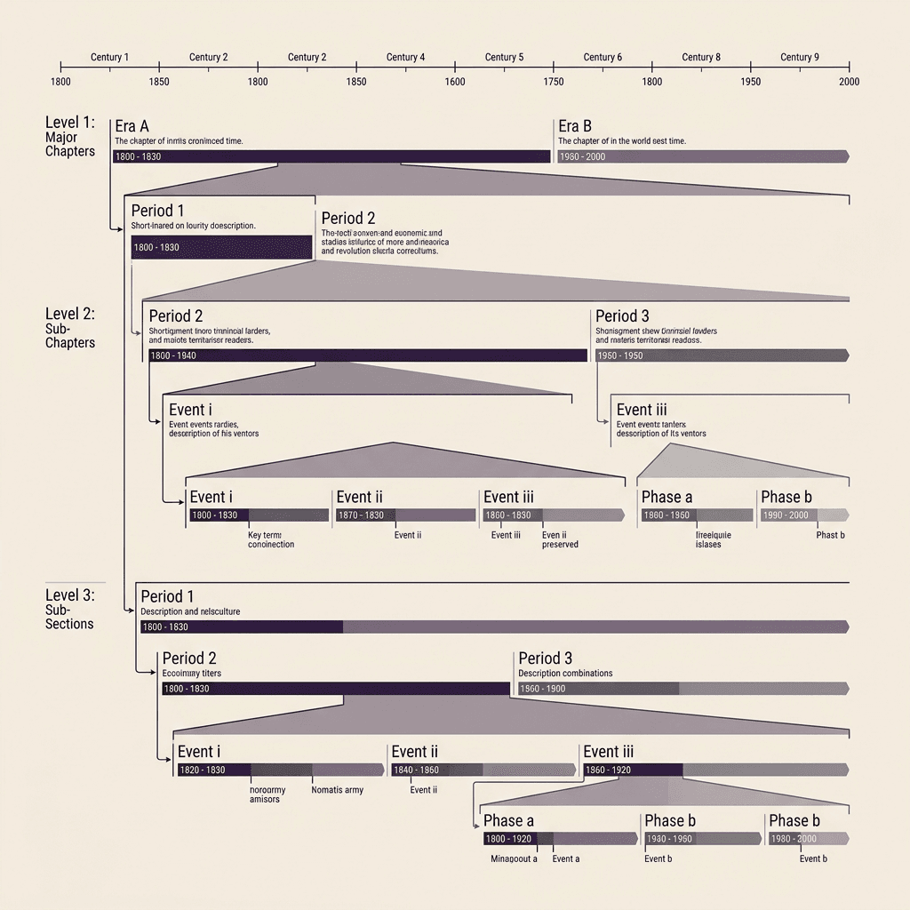 A chronological timeline diagram on warm ivory paper illustrating nested Zodiacal Releasing periods with horizontal bars in black and violet ink.