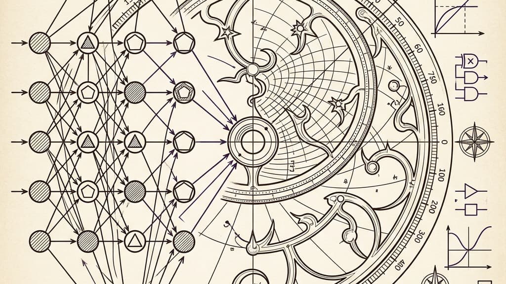 A purely visual diagram of a glowing digital neural network merging with a circular astrolabe