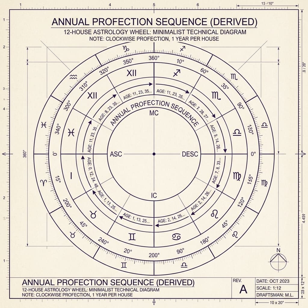 A circular wheel diagram showing the 12 houses of a natal chart with the annual profection sequence marked in sequence