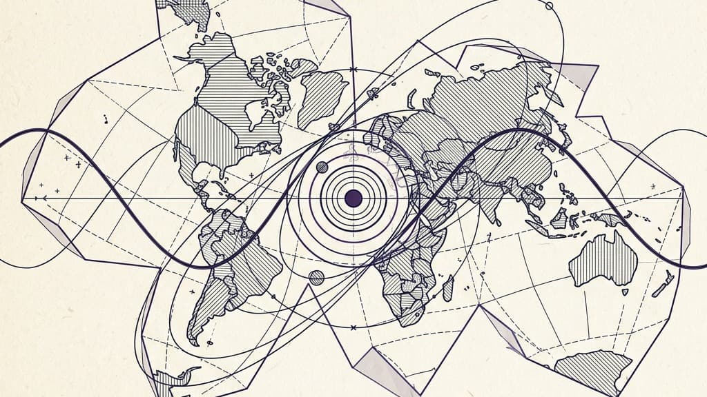Schematische Darstellung einer entfalteten Weltkarte mit planetaren Winkellinien