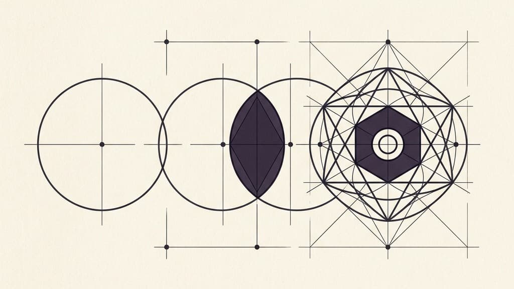 A purely visual diagram showing two overlapping circles merging to form a central geometric node