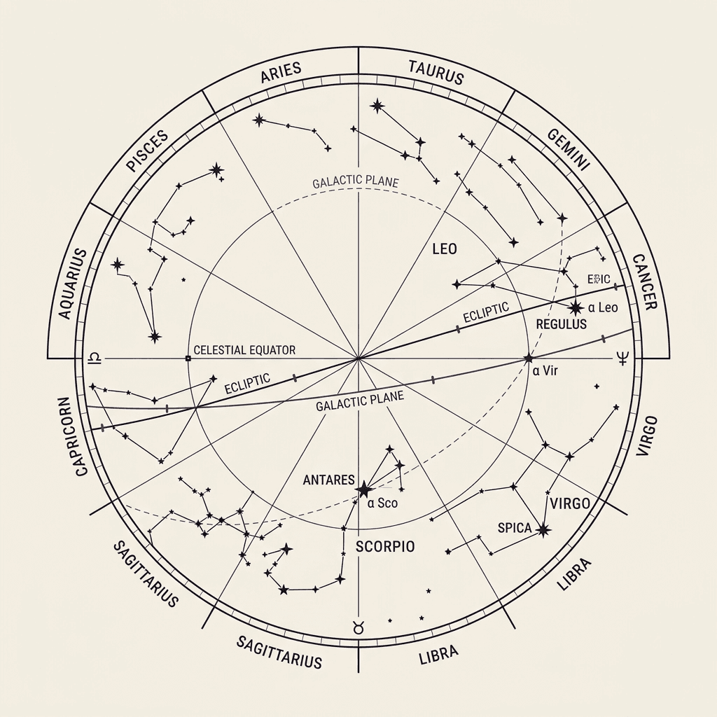 Detaillierte flache Vektorsternkarte mit den hellen Fixsternen Regulus, Antares und Spica, überlagert auf einem kreisförmigen Tierkreiszifferblatt.